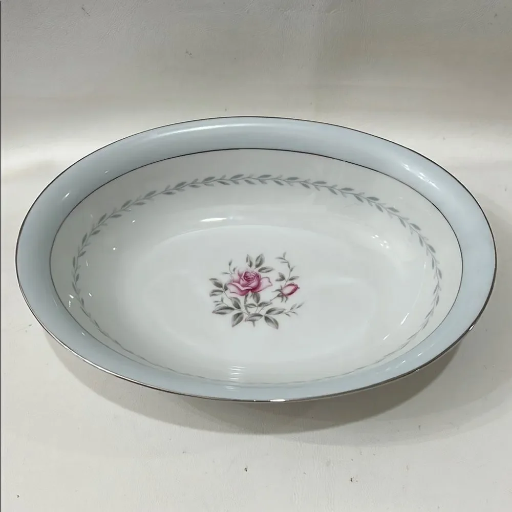 Regency Japan Oval Serving Bowl White Blue Pink Rose Silver 10 1/2 X 7 3/4 In